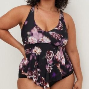 Torrid Wireless V-neck Tankini Blue Rose Black Bikini Top Plus Size 5